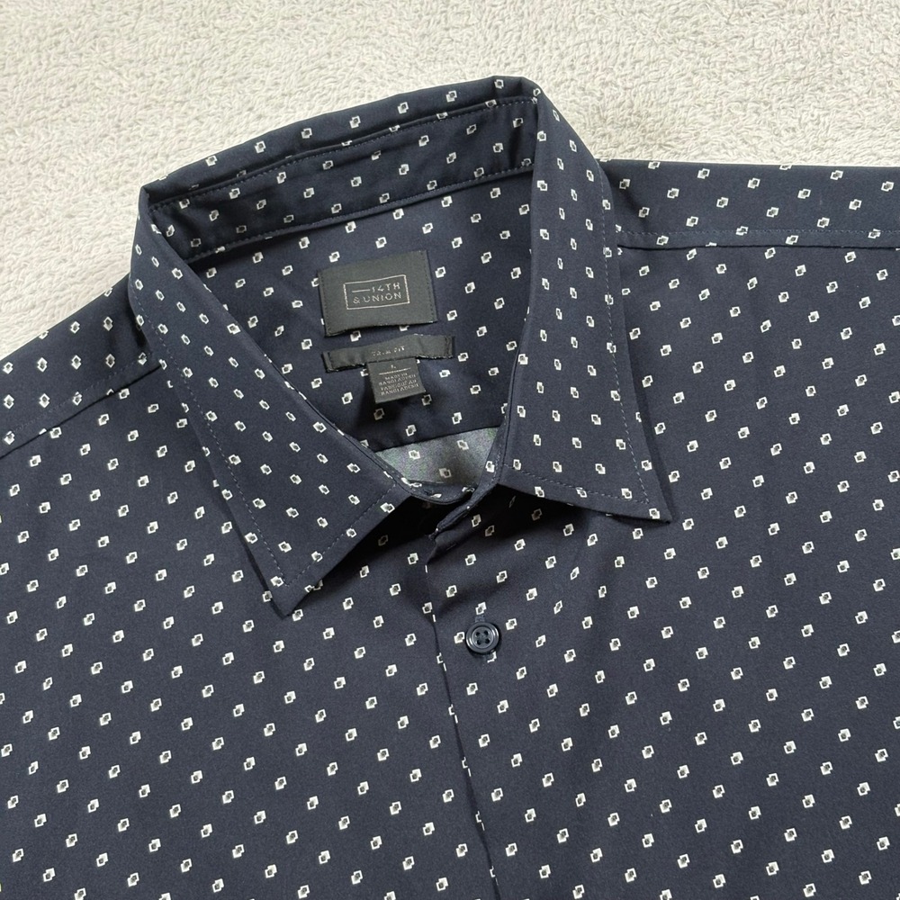 14th & Union Mens Large Trim Fit Short Sleeve Button Down Shirt Navy Geometric